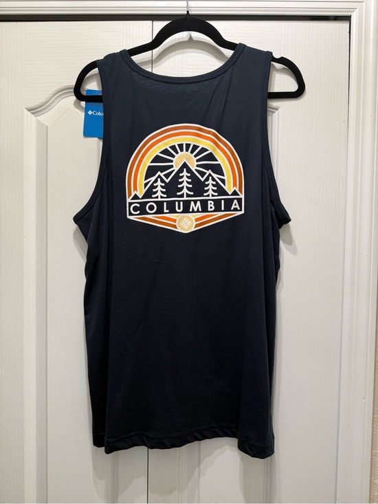 Columbia Tops - Women’s Columbia Navy Tank with Orange and Yellow Mountain Graphic